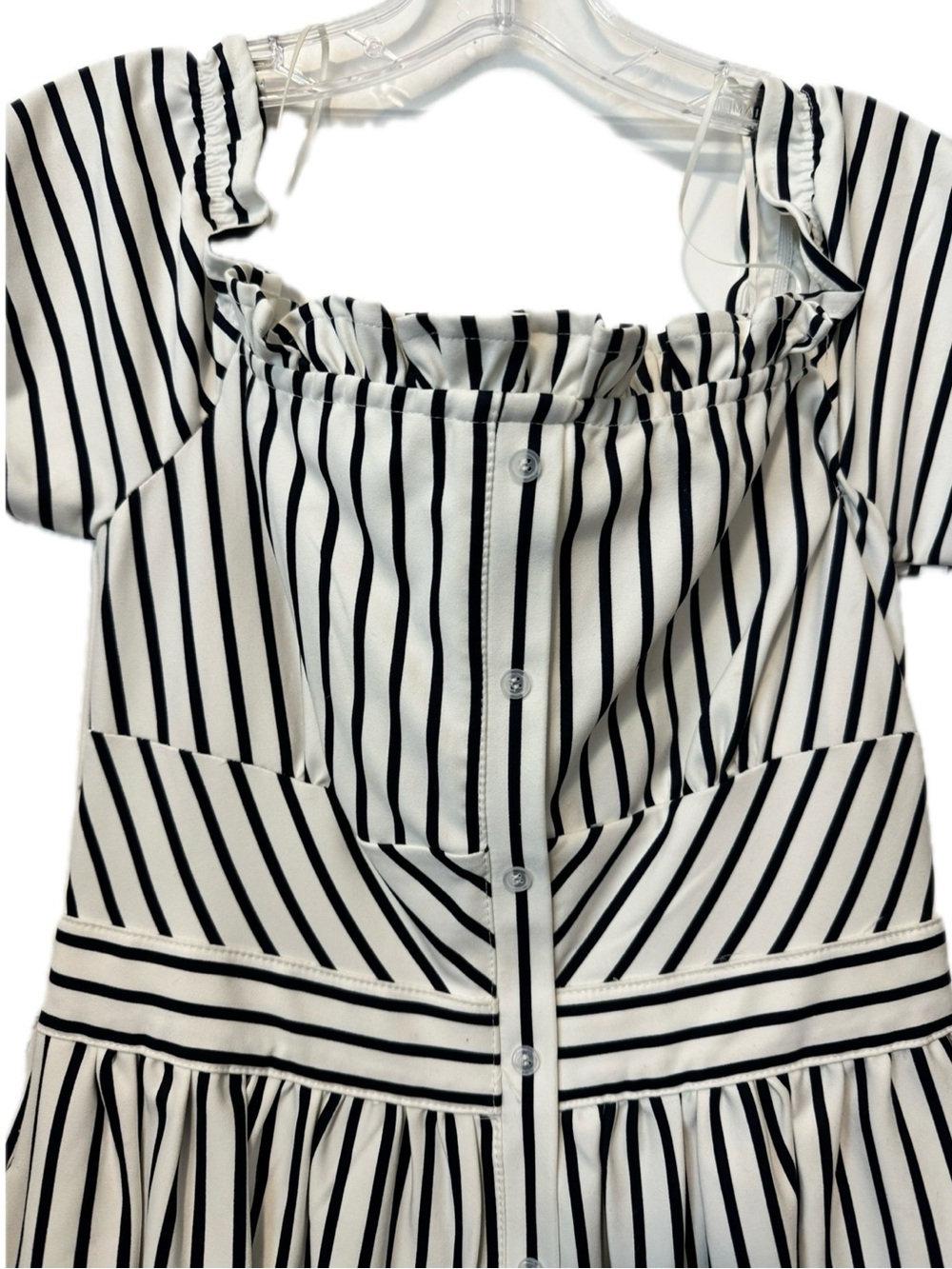Striped Midi Dress Off Shoulder Corset Style Black White Button Front Ruffle Hem - Picture 2 of 7